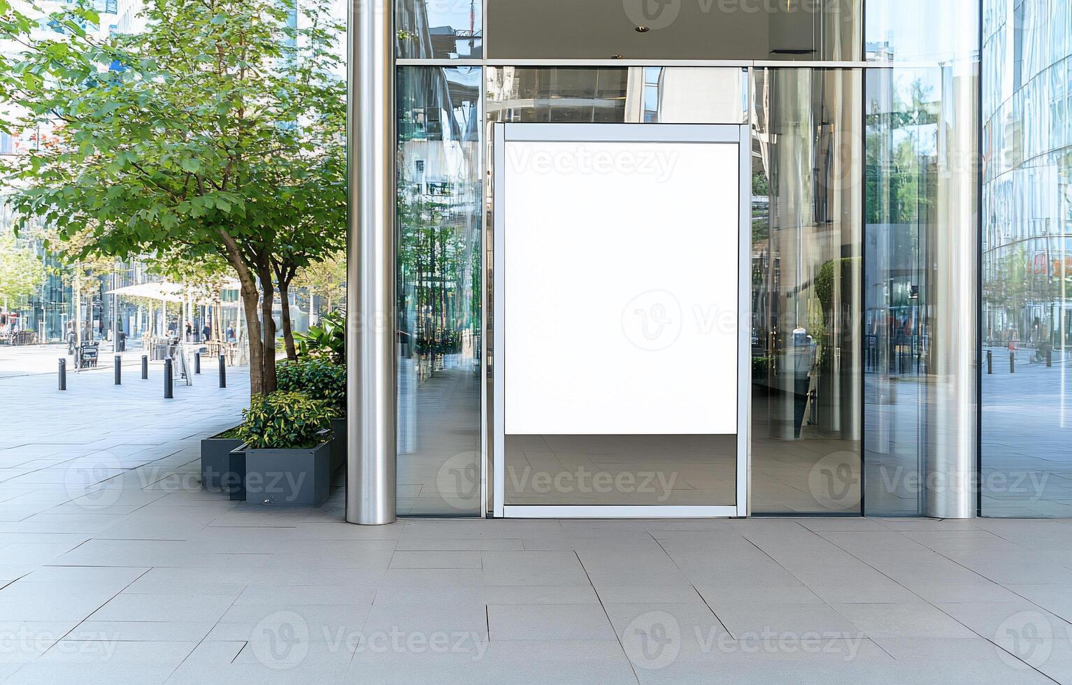 A modern building entrance with a blank sign and greenery. photo