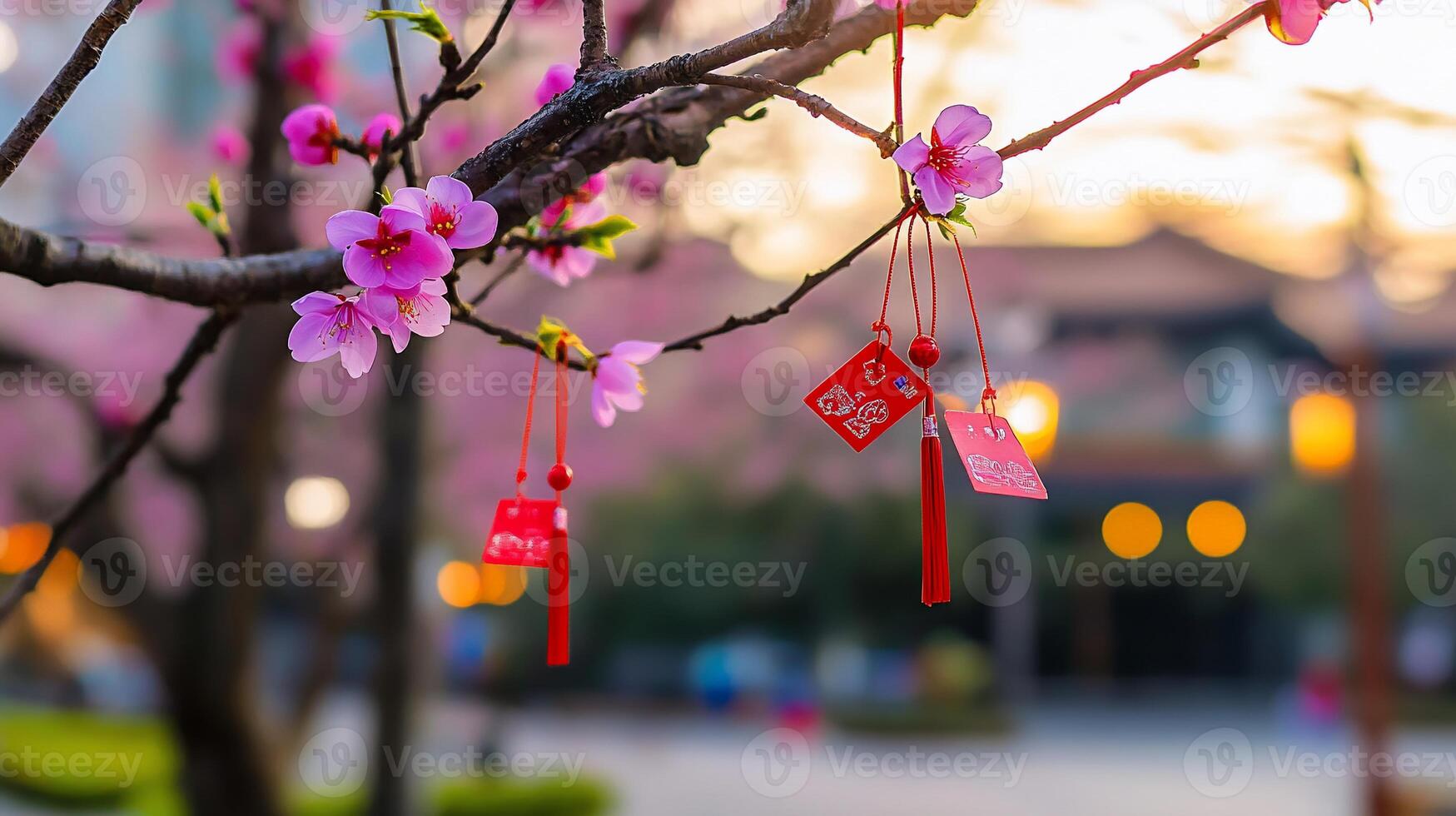 Cherry blossoms with red decorations symbolize good fortune. photo
