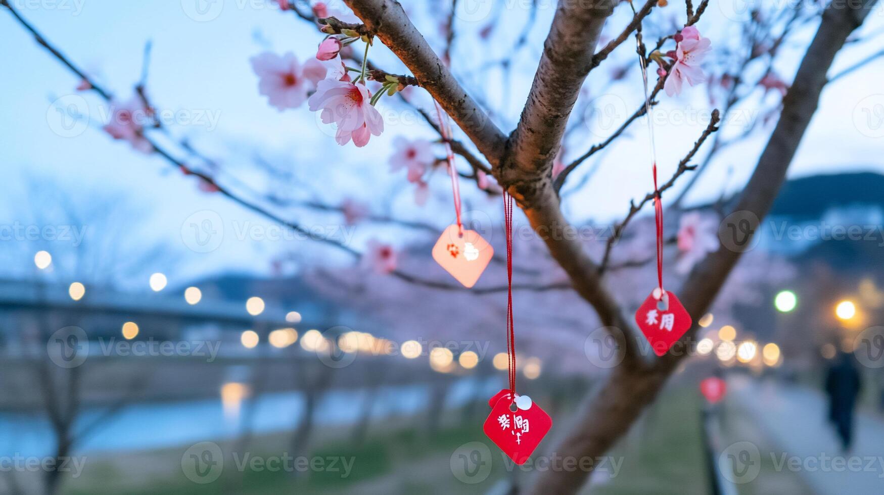 Cherry blossom tree adorned with red tags, symbolizing wishes and hopes. photo