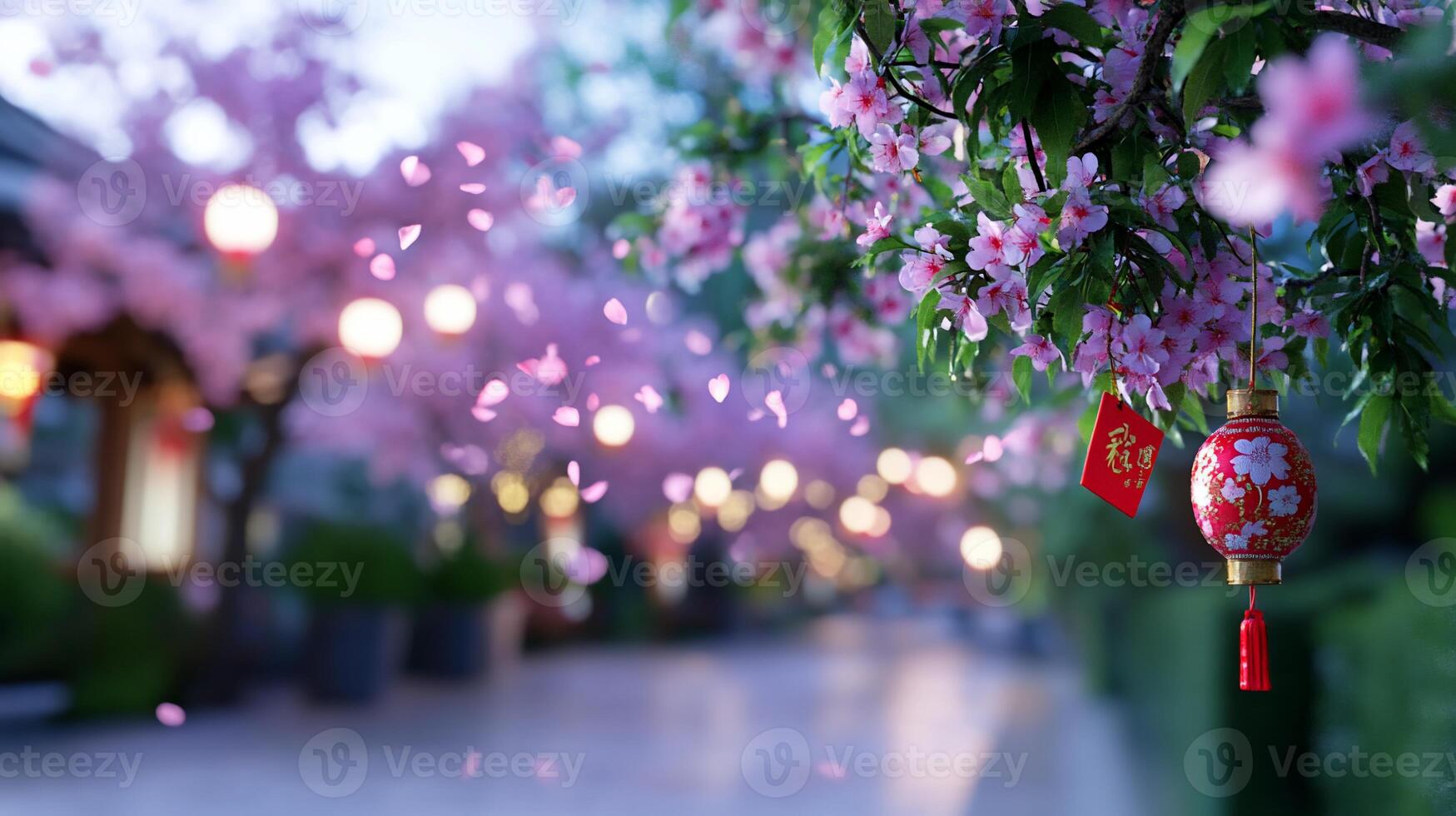 A serene pathway adorned with cherry blossoms and lanterns. photo