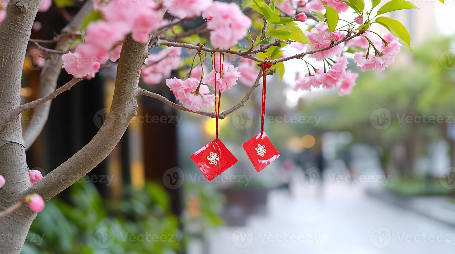 A branch adorned with pink blossoms and decorative red packets. photo