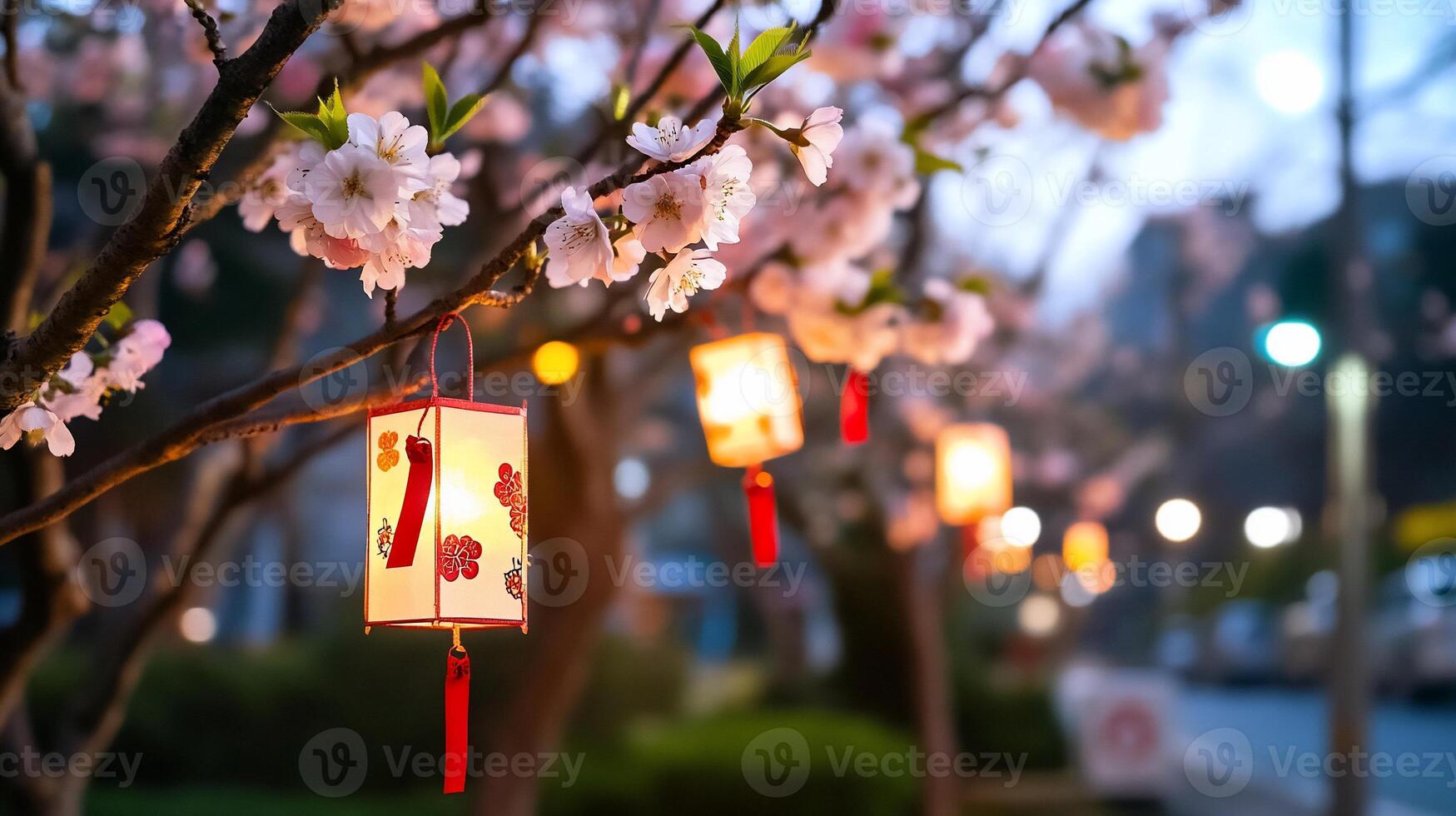 Lanterns hanging among cherry blossoms in a serene evening setting. photo