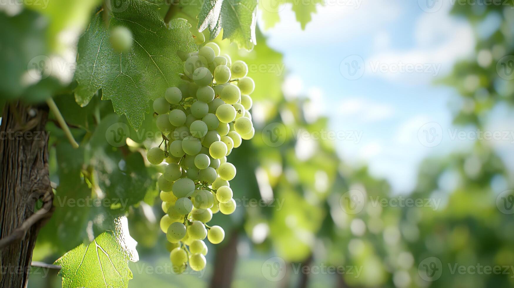 A close-up of green grape clusters on a vine in a vineyard. photo