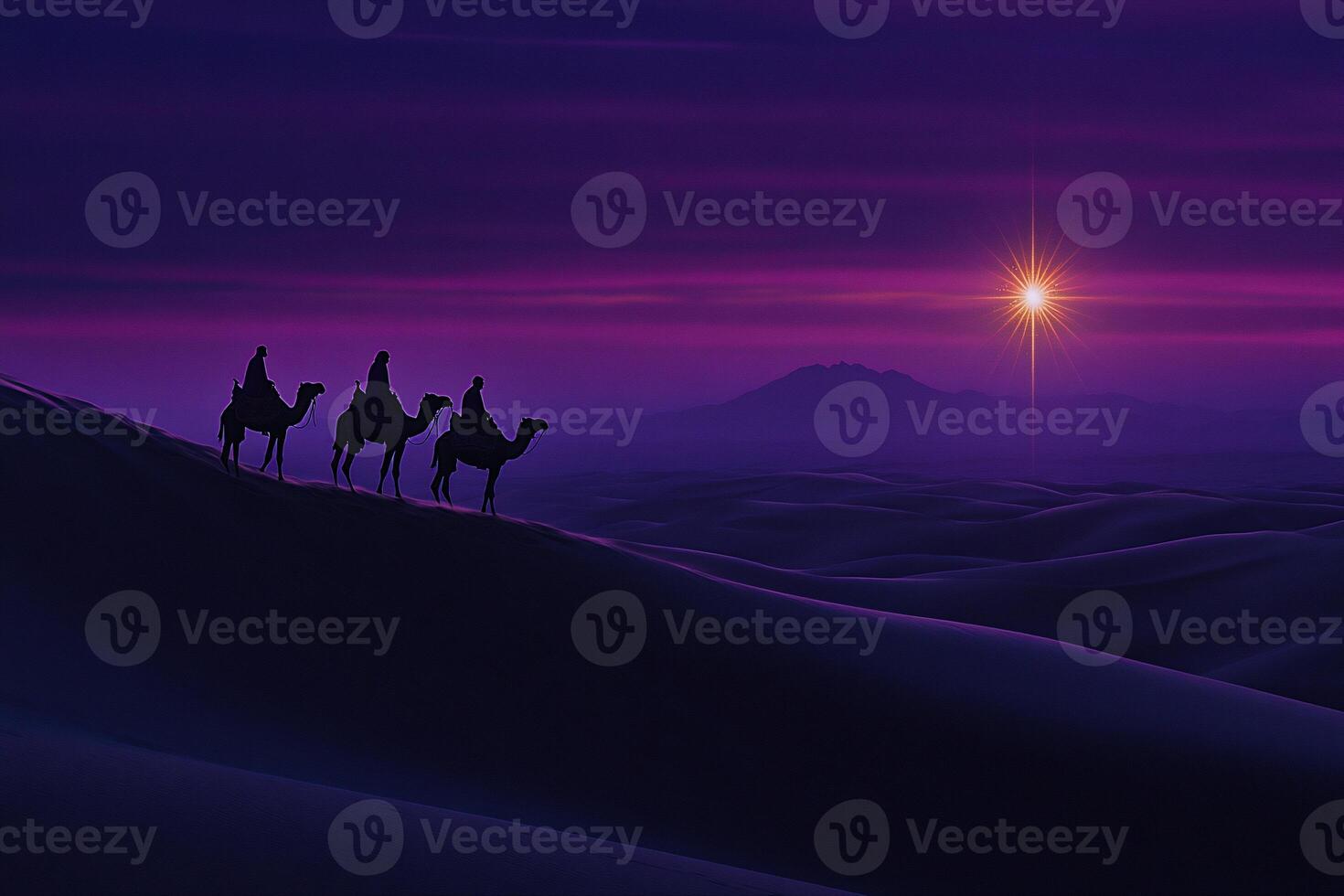Three wise men on camels in the desert photo