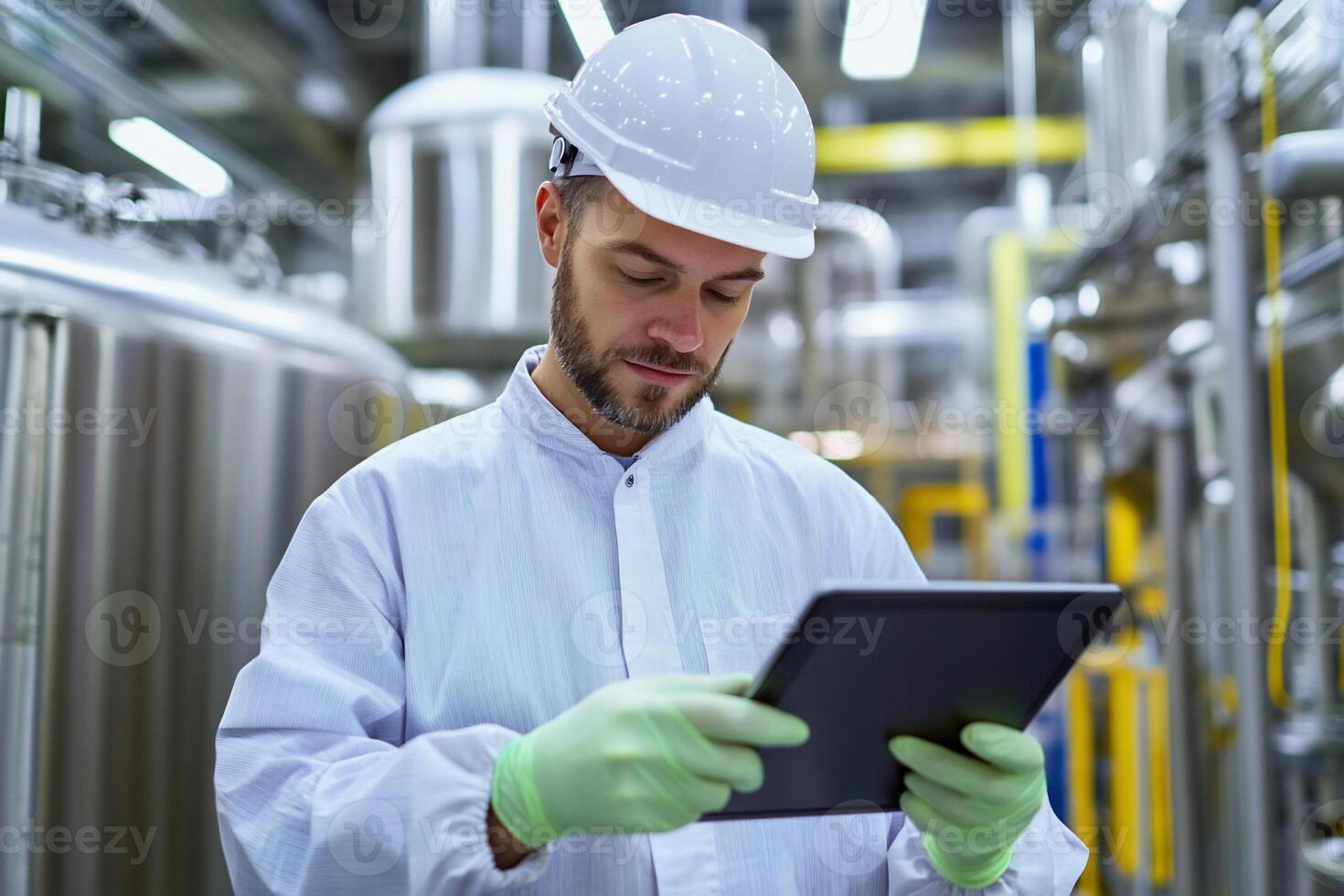 Worker in a facility using a tablet for monitoring processes. photo