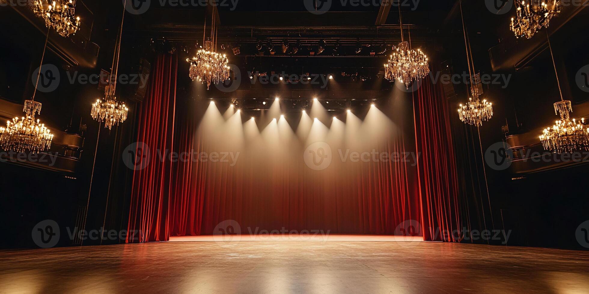 An empty theater with red curtains and chandeliers photo