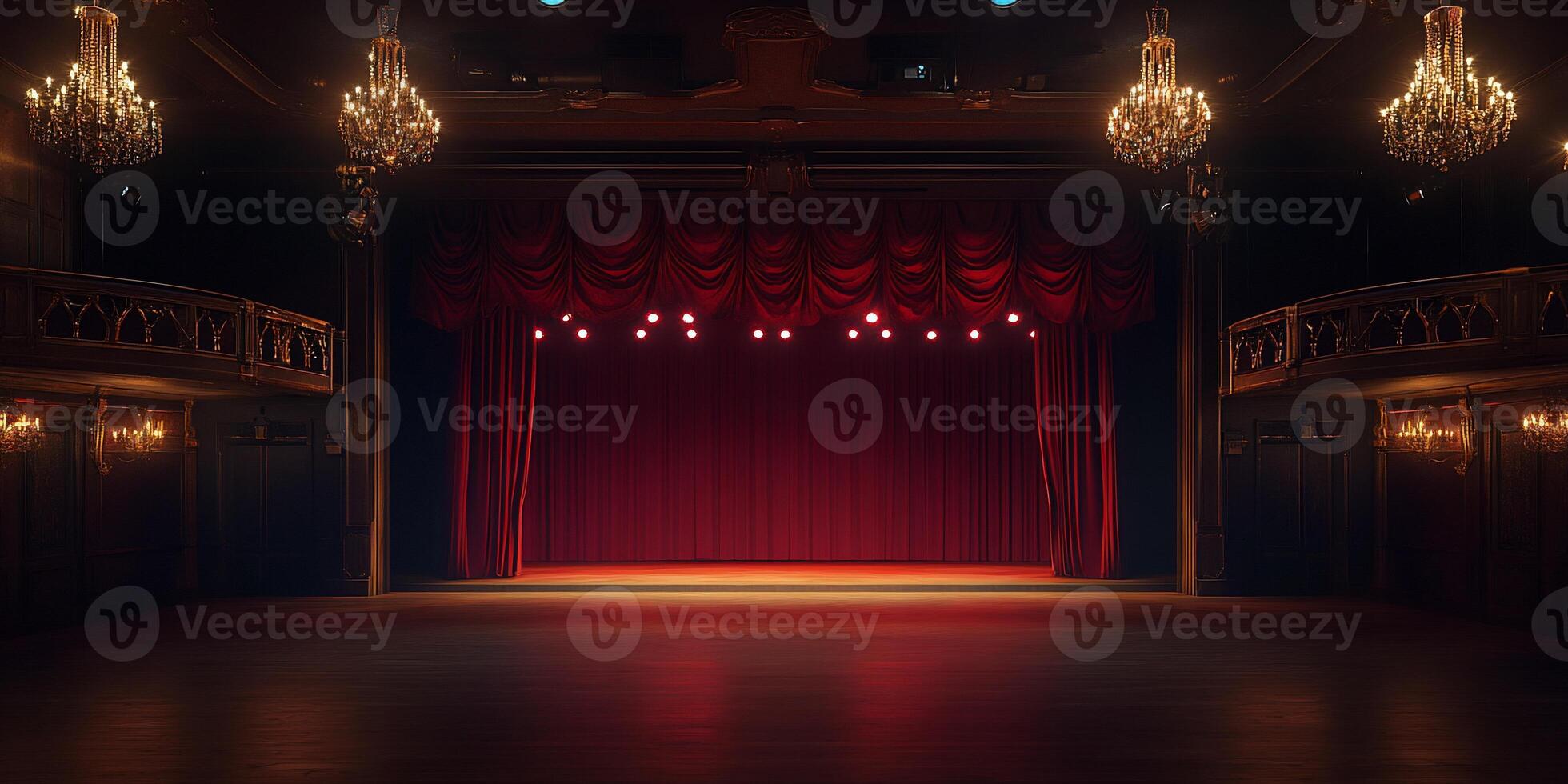 A dimly lit theater stage with red curtains and elegant chandeliers. photo