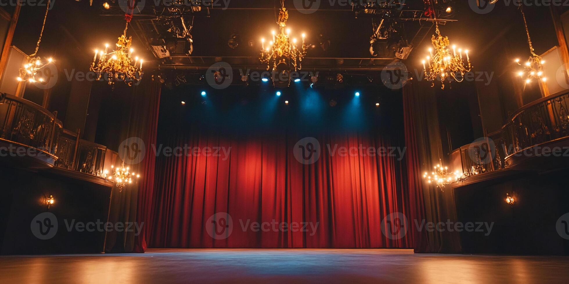 A stage with red curtains and chandeliers, ready for a performance. photo