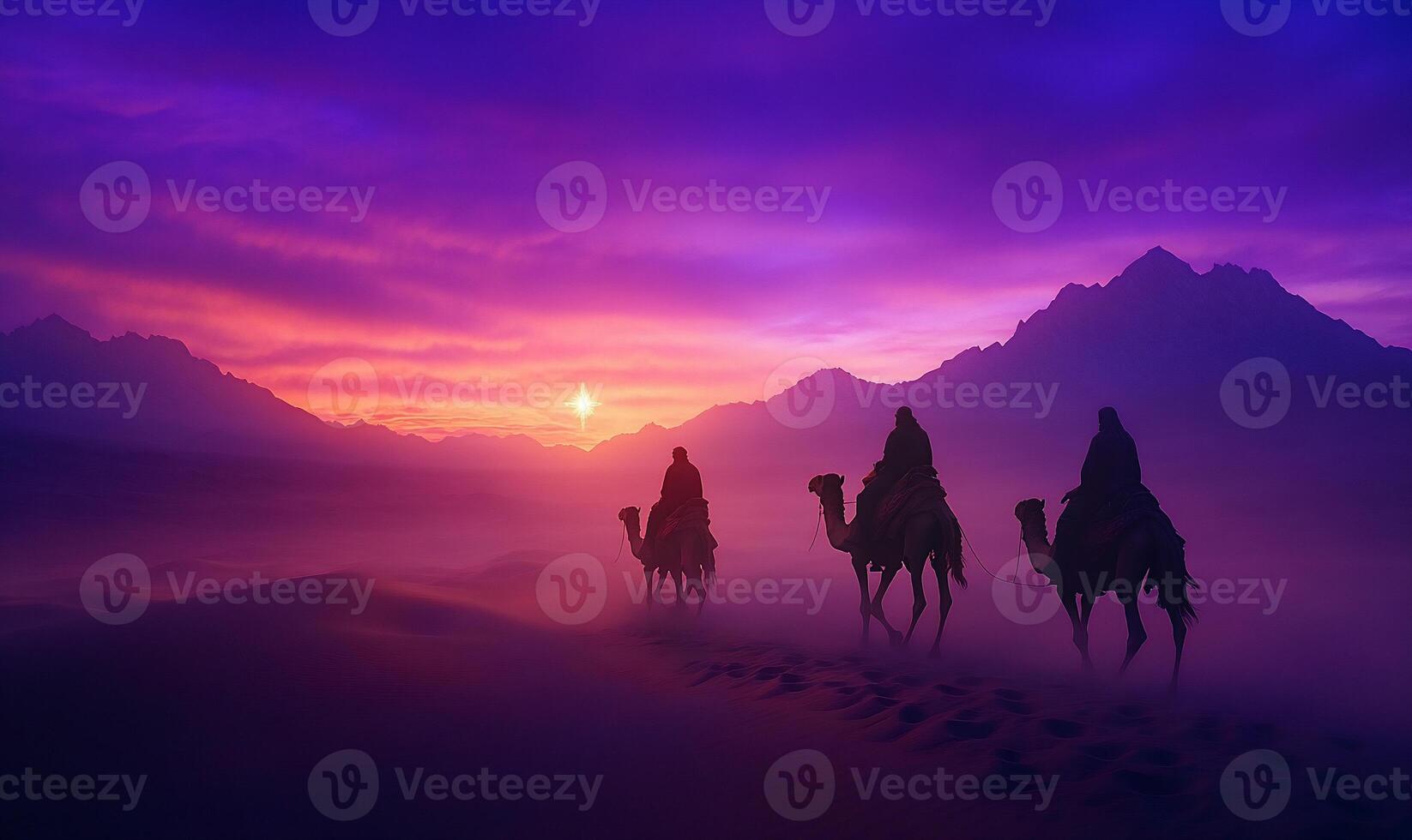 Camel caravan traveling through a desert at sunset with mountains. photo
