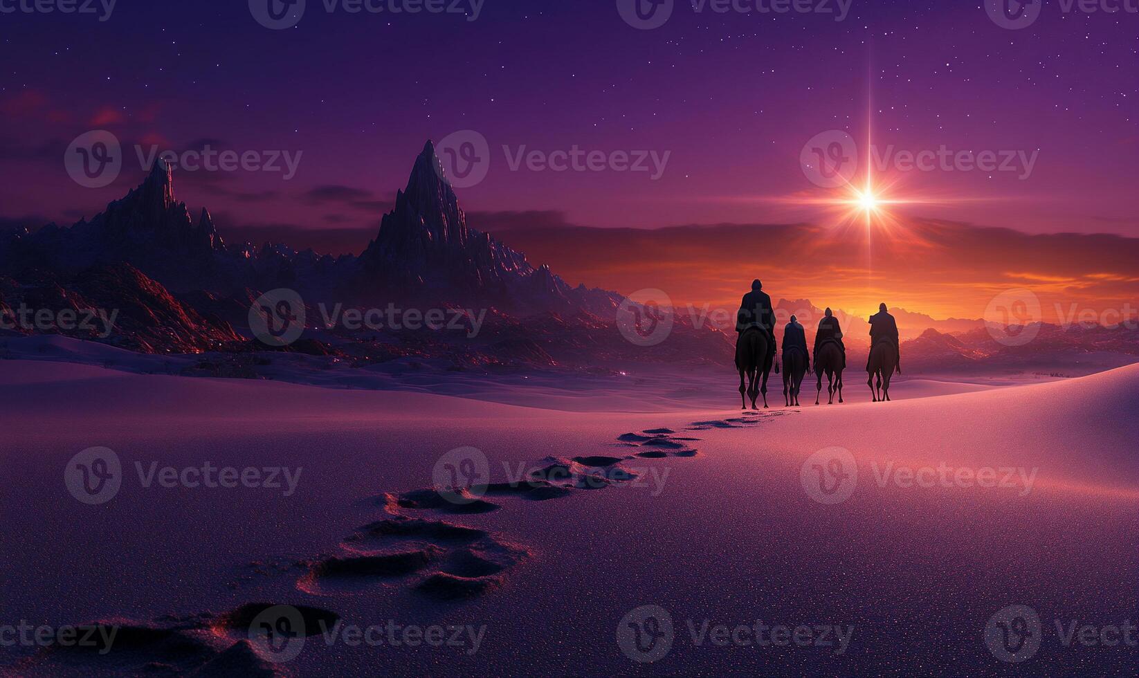 A serene desert landscape at sunset with travelers on horseback. photo