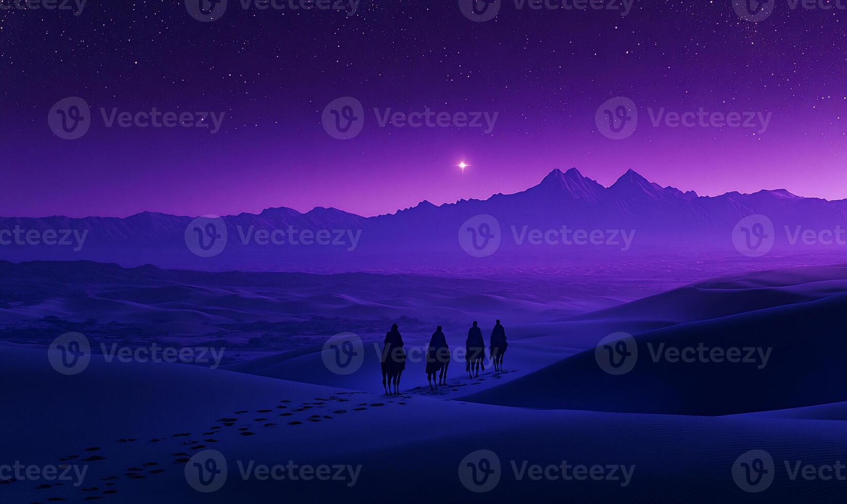 A serene desert landscape at twilight with travelers on camels. photo