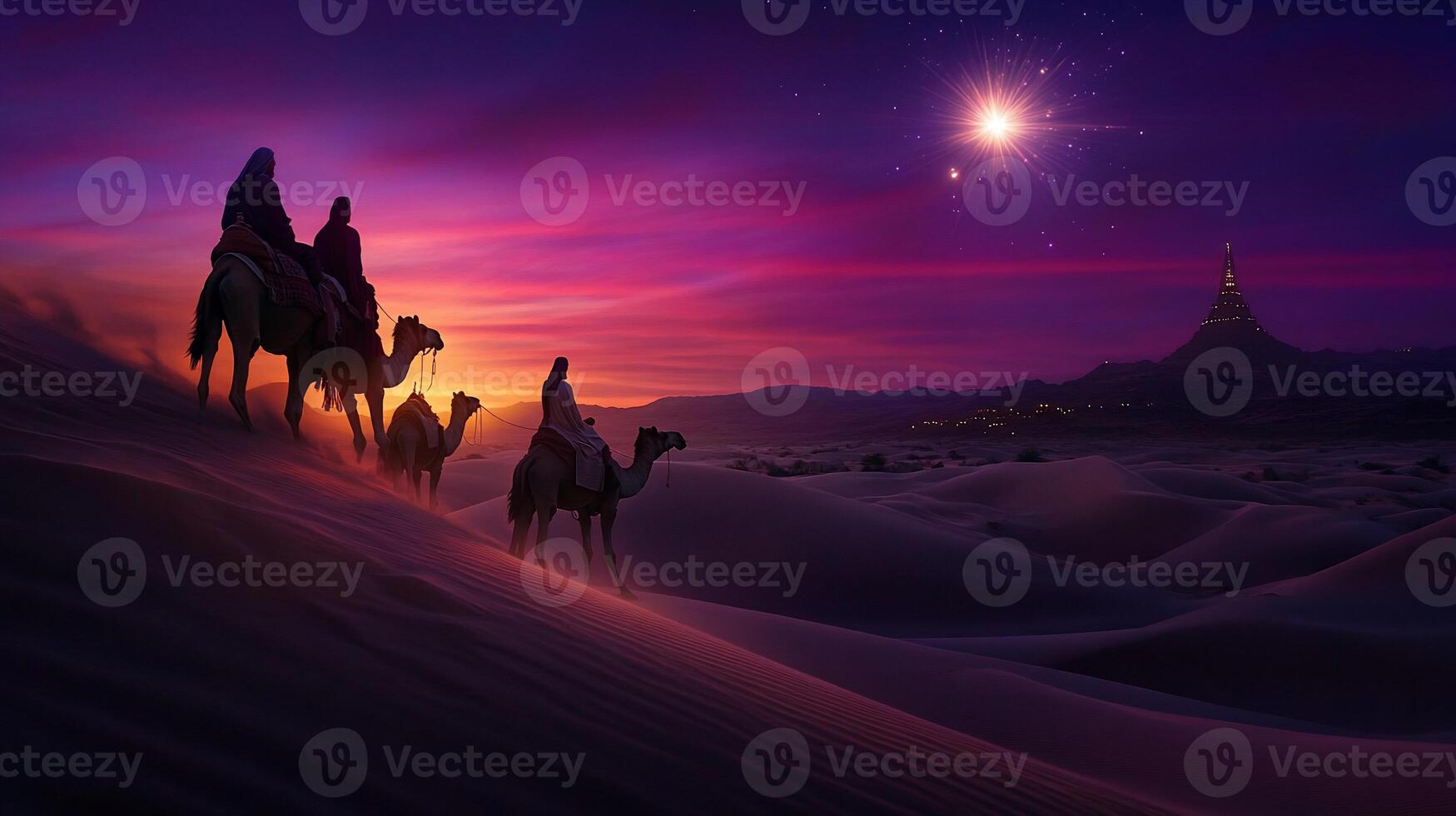 Three wise men riding camels in the desert at sunset photo