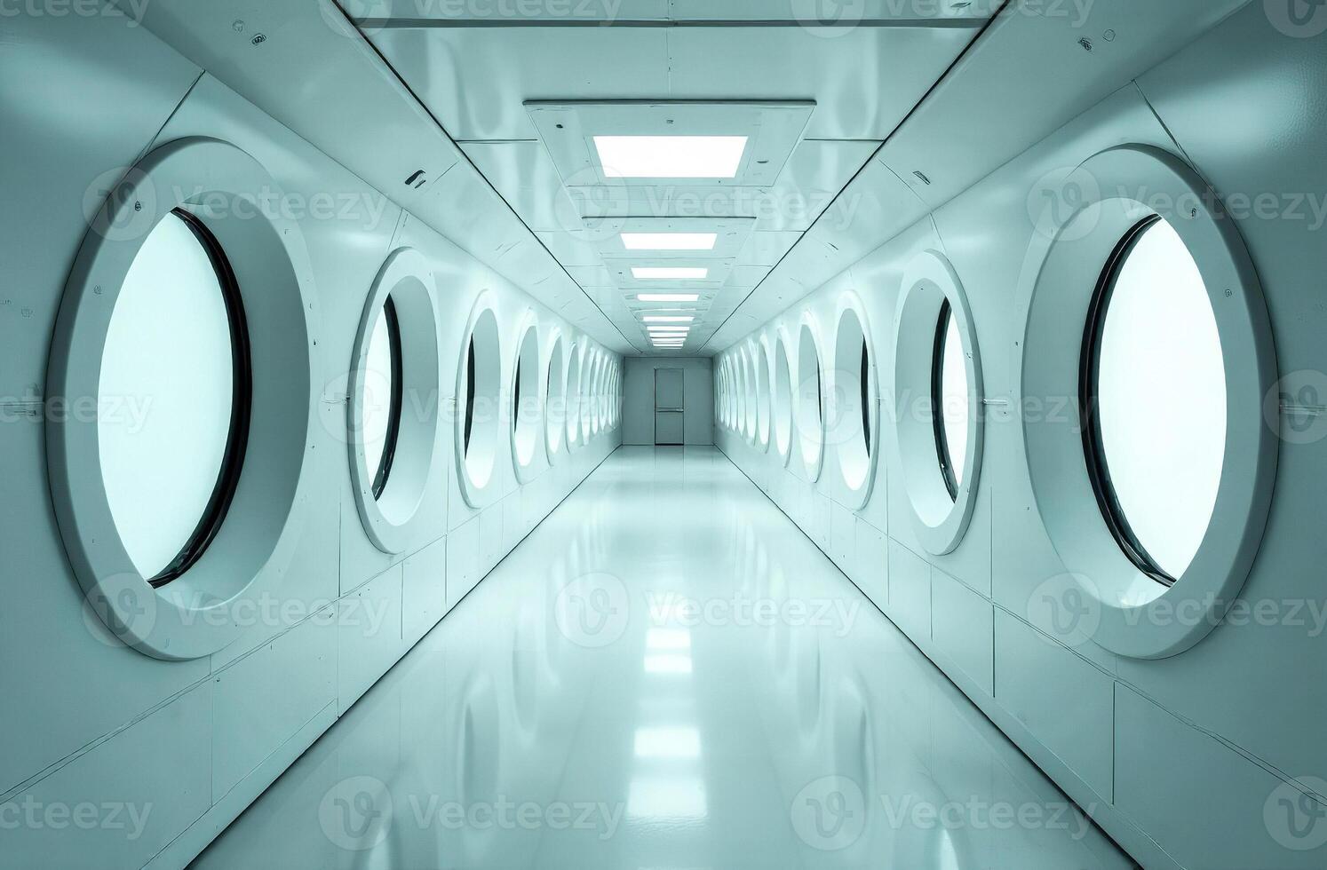 Retrofuturism interior saucy of the building, free space corridor. photo