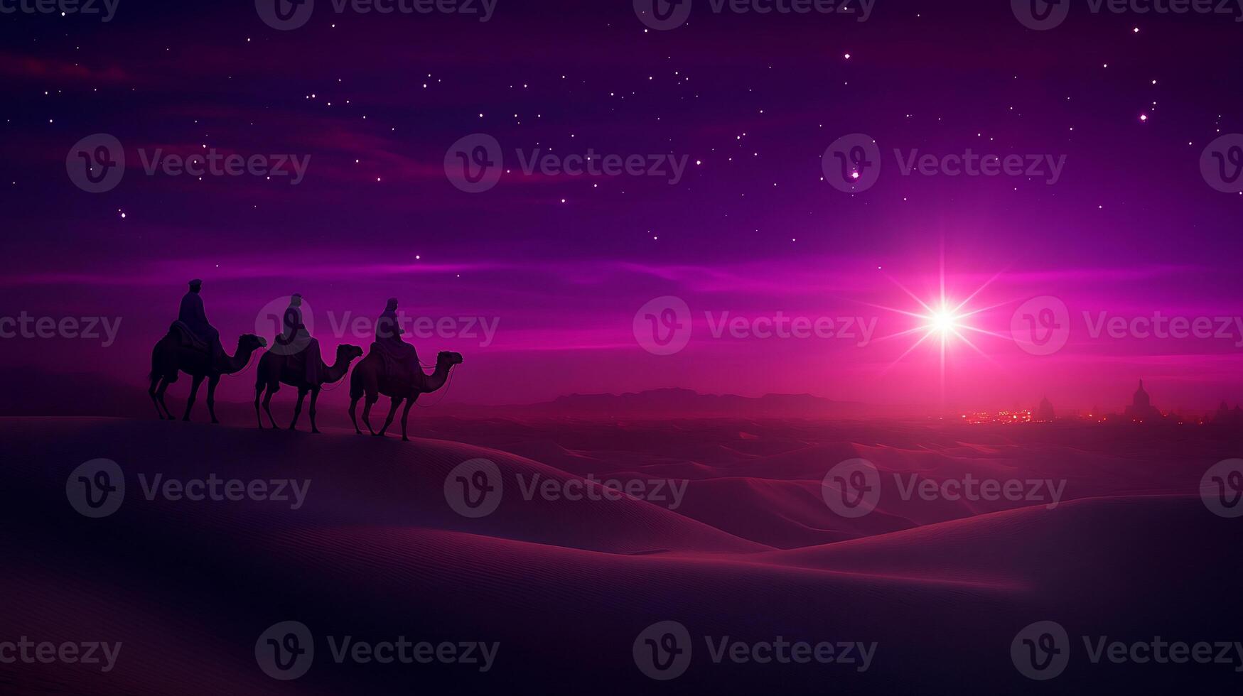 Three figures on camels traverse a vibrant desert under a starry sky. photo