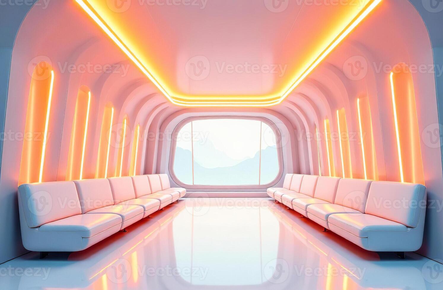 Retrofuturism interior of the building, free space living nice room photo