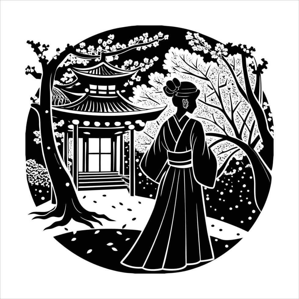 Japanese Geisha Walking Under Cherry vector