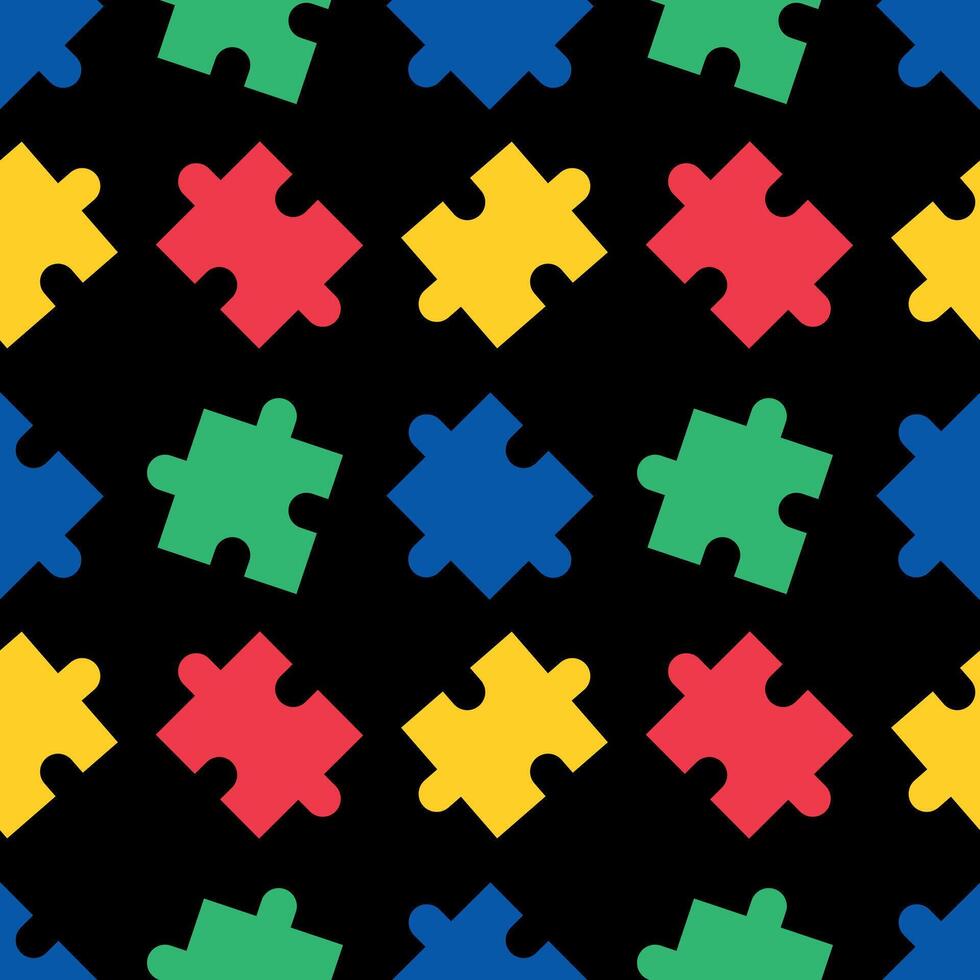 Colorful puzzle seamless pattern. Bright puzzle pieces on a black background. illustration for autism awareness day design, fabric, wrapping paper, background vector
