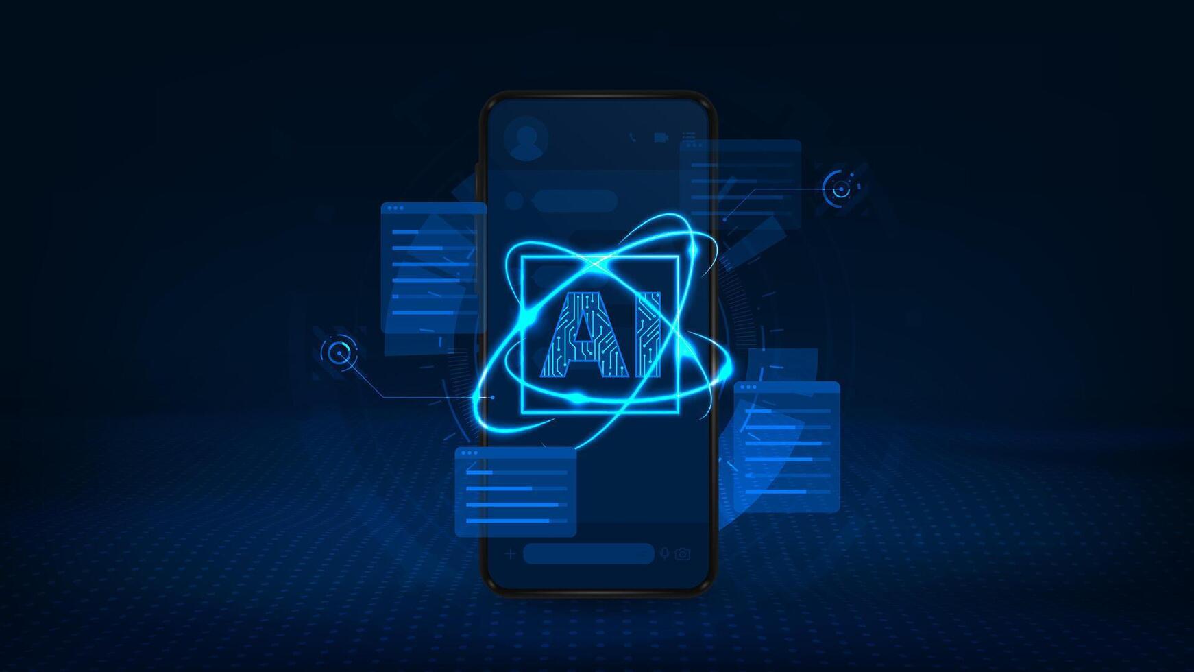 Artificial intelligence with smartphone. Mobile on line chat bot. Icons representing smart phone devices and connected technology. vector