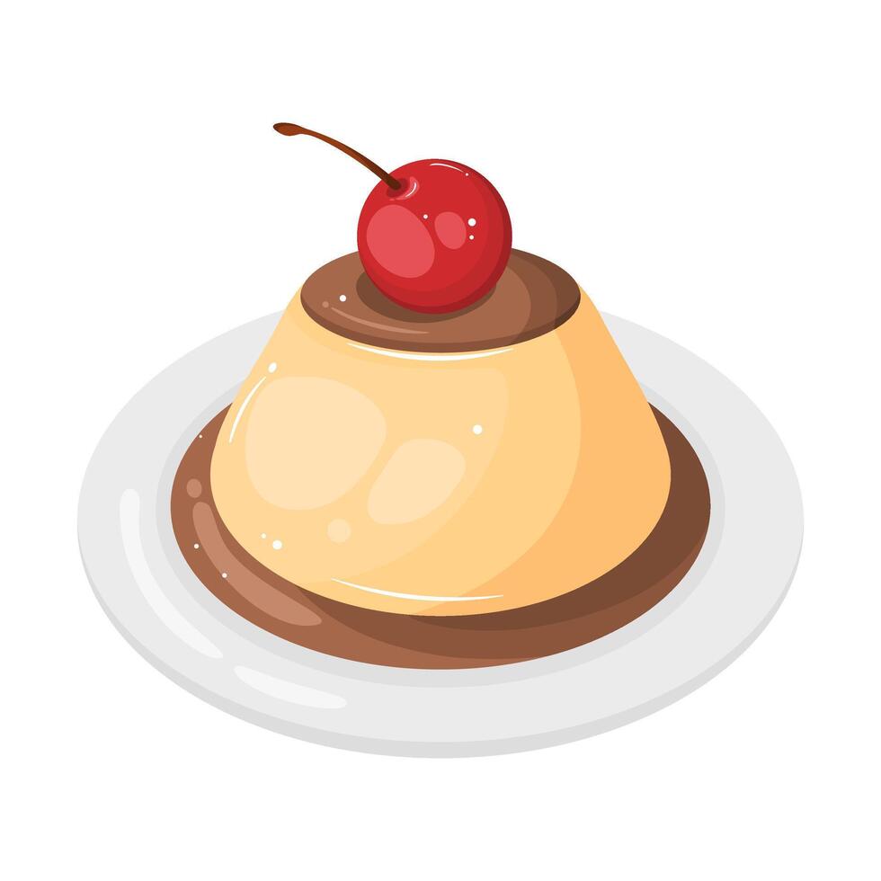 A illustration of a creme caramel pudding on a white plate, topped with a cherry. Perfect for food related designs. vector