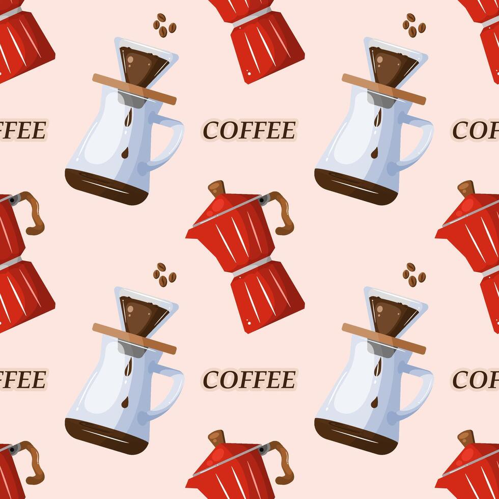 A seamless pattern of various coffee brewing elements, including moka pots and pour-over setups, with the word 'COFFEE' interspersed throughout. Perfect for background, textiles, and packaging. vector