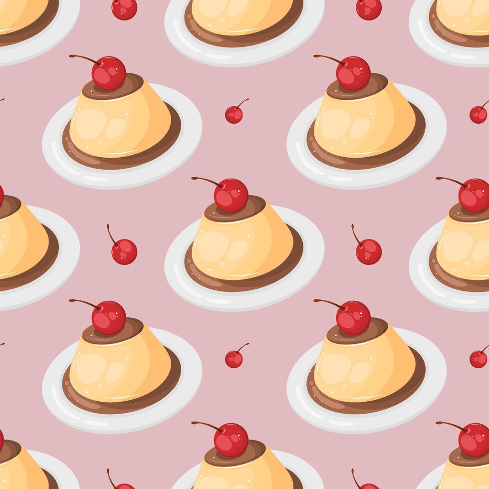 A seamless pattern featuring creme caramel puddings with cherries on white plates, scattered against a light pink background. Perfect for food themed backgrounds, textiles, and packaging. vector