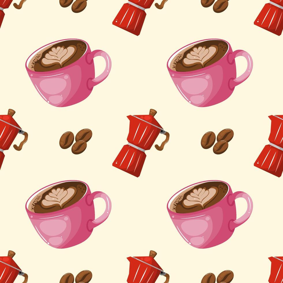 A seamless pattern of coffee themed elements, including latte art mugs, moka pots, and coffee beans. Ideal for use in coffee related products, packaging, and textiles. vector