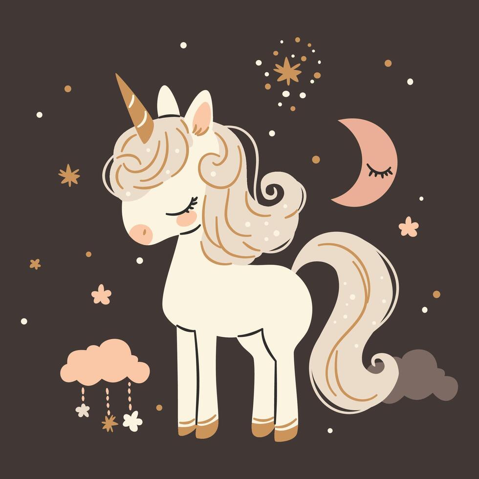 Flat illustration in a simple children's style. Cute unicorn on dark background with stars and clouds, print for printing on children's products vector