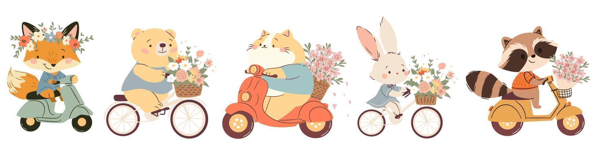 A set of flat illustrations in a simple children's style. Cute animals riding on bicycle and scooter with bouquets of flowers and wreaths. Bear hare raccoon cat and fox. Spring illustrations vector
