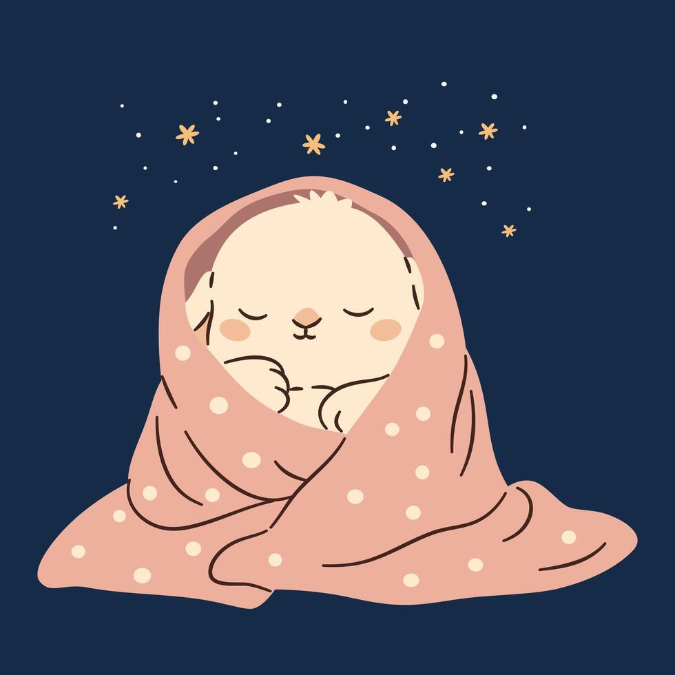 Flat illustration in a simple children's style. Cute bunny sleeping wrapped in pink blanket on dark star background vector
