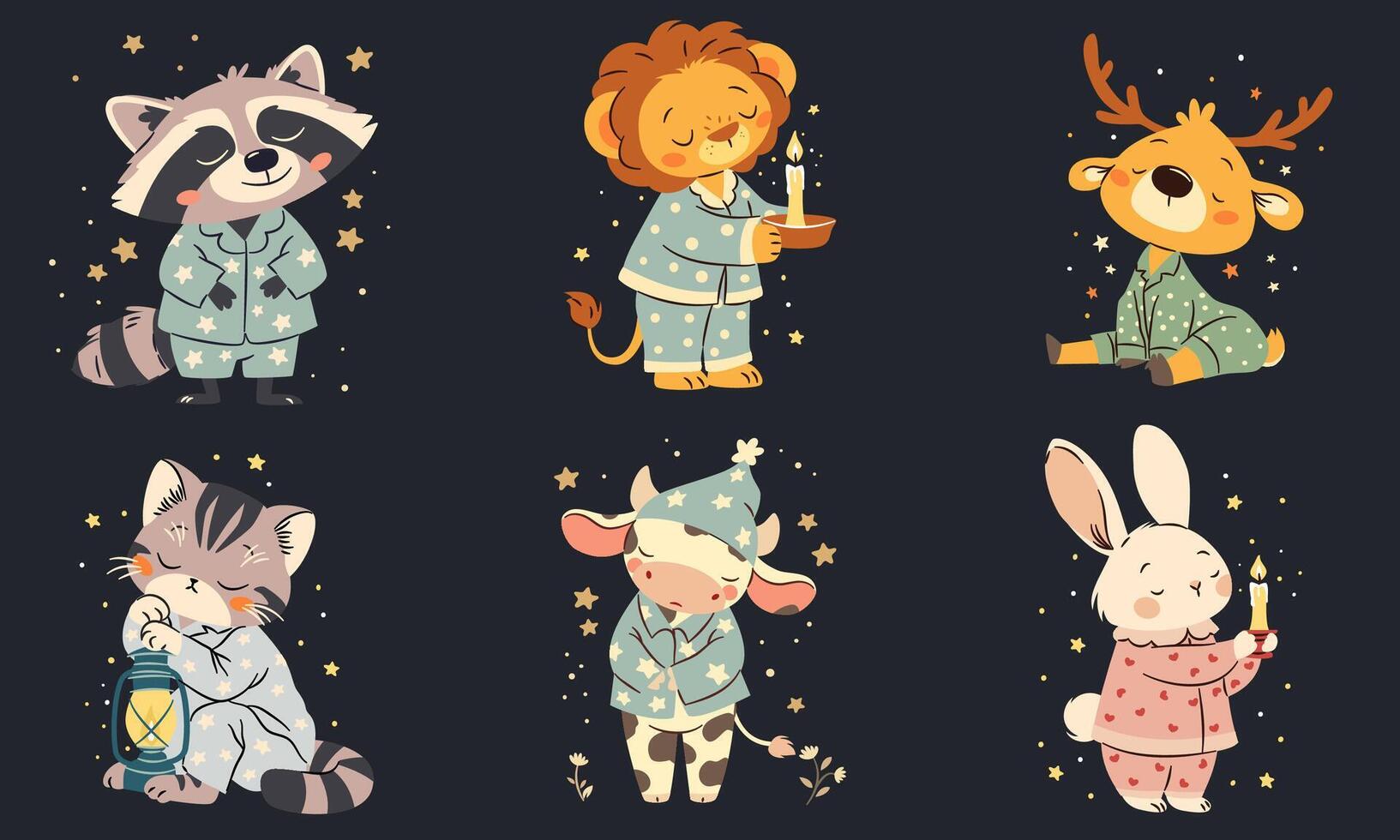 A set of cute flat illustrations in a simple childish style. Cute sleepy animals in pajamas with lamps and candles. Raccoon cow bunny kitten deer and lion on dark background with stars vector