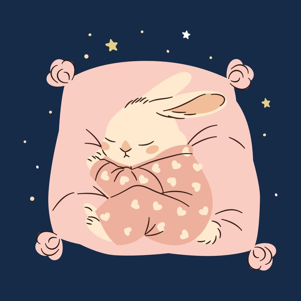 Flat illustration in a simple children's style. Cute bunny in pink pajamas sleeping on a pillow. Dark background and stars. vector