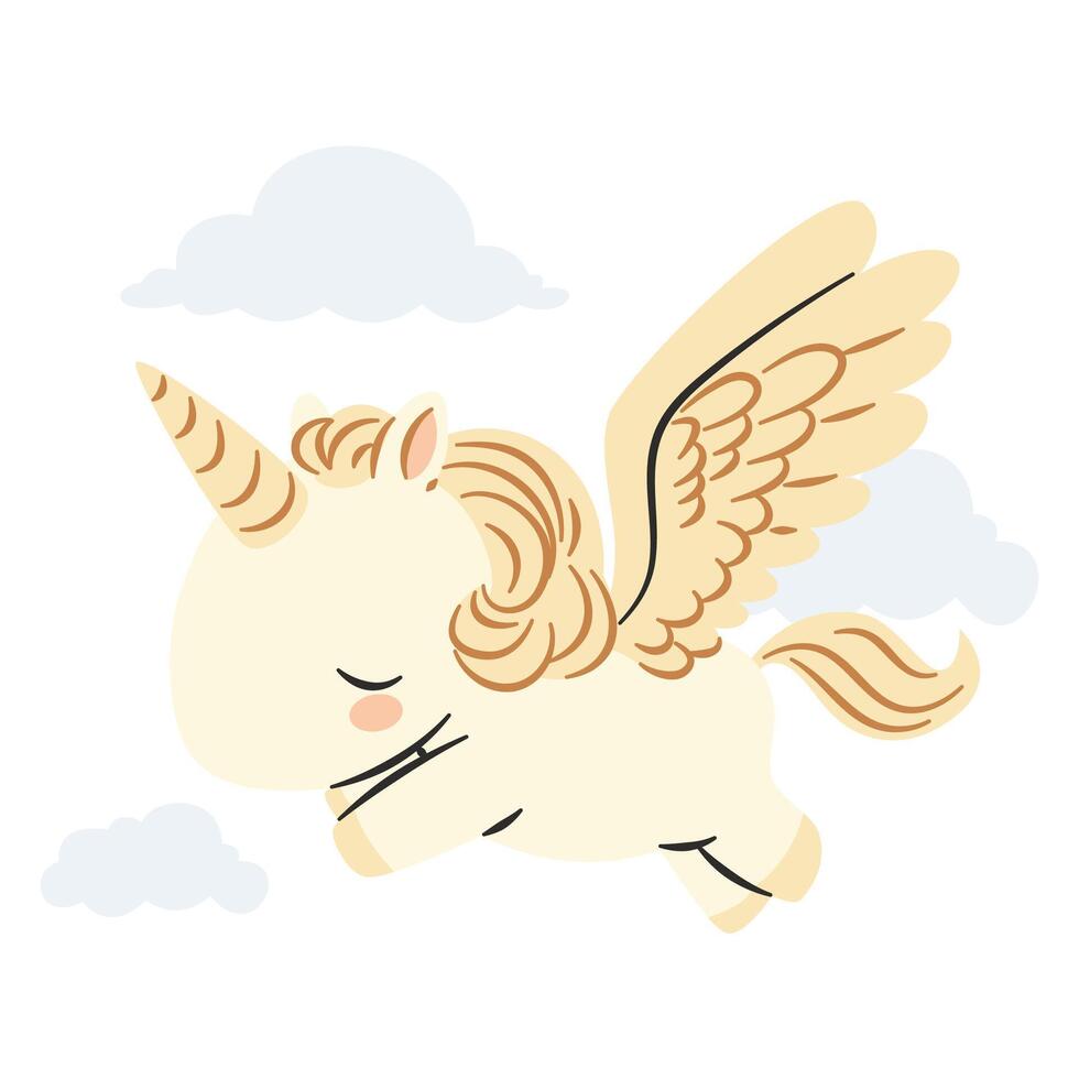 Flat illustration in a simple children's style. Cute unicorn pegasus flying in the sky with clouds on white background vector