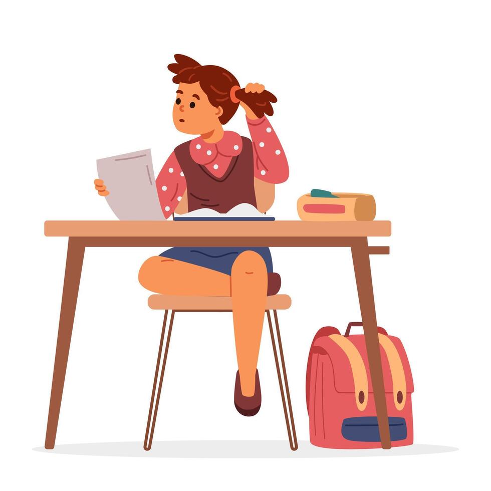 School girl sitting at desk in classroom reading test thinking flat illustration isolated on white. vector