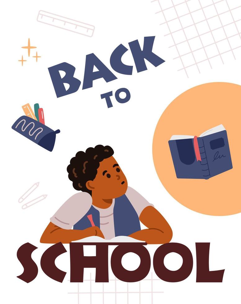 Back to school banner with illustration of African American school boy. vector
