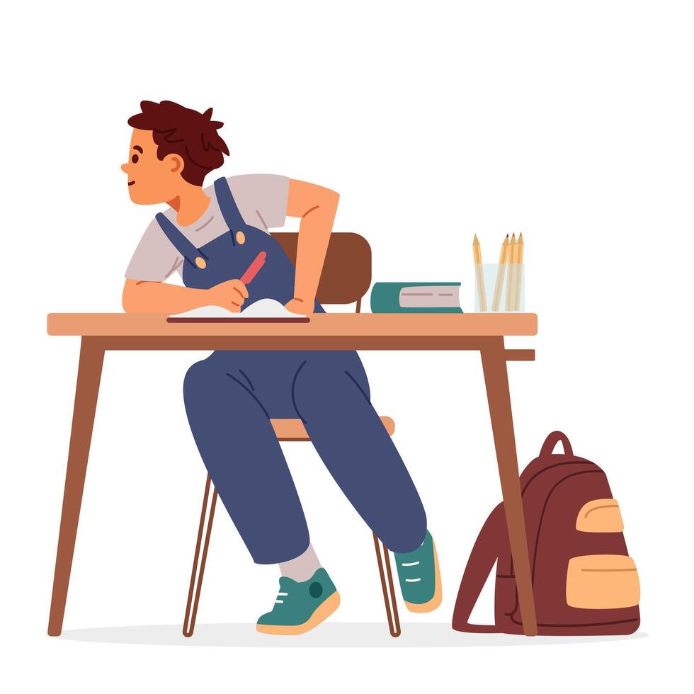 School boy sitting at desk in classroom flat illustration isolated on white. vector