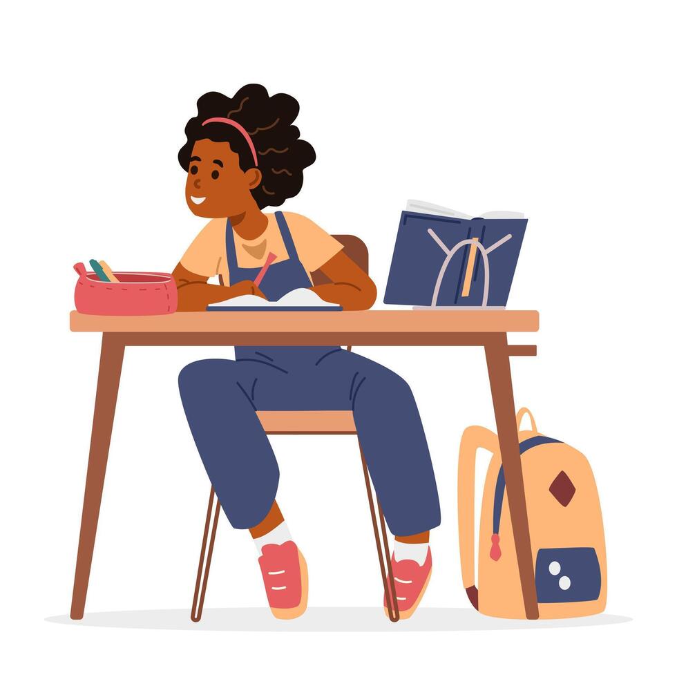 Smiling African American school girl sitting at desk in classroom flat illustration isolated on white. vector