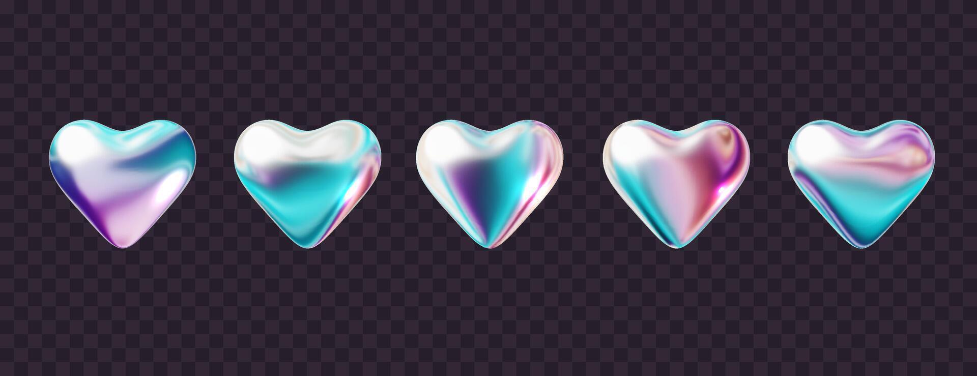 3d holographic hearts in y2k style collection. Realistic metallic f love symbols isolated on dark. Chrome shapes 2000s and are perfect for futuristic designs. vector