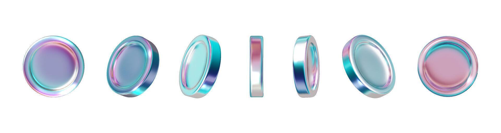 Holographic coins 3D set. Metal realistic holographic shape, design elements, icons, buttons isolated on white vector