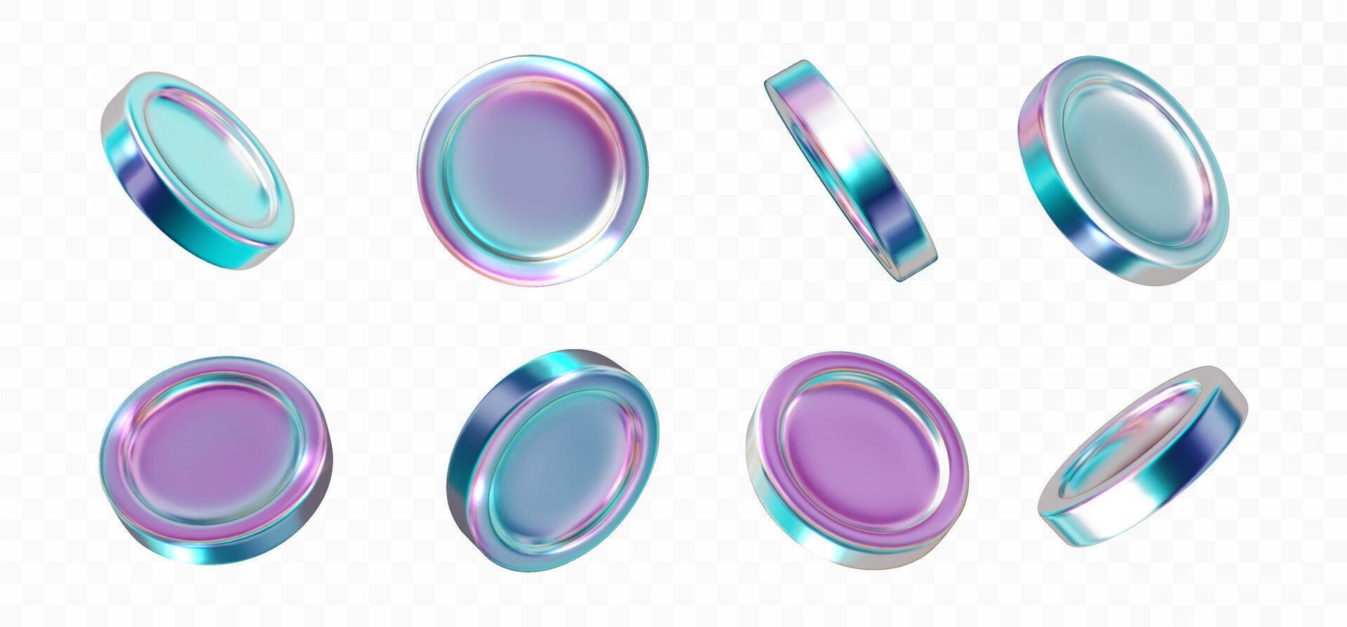 Holographic coin set realistic isolated. Realistic blank or Iridescent coin different views. Futuristic, y2k icon set vector