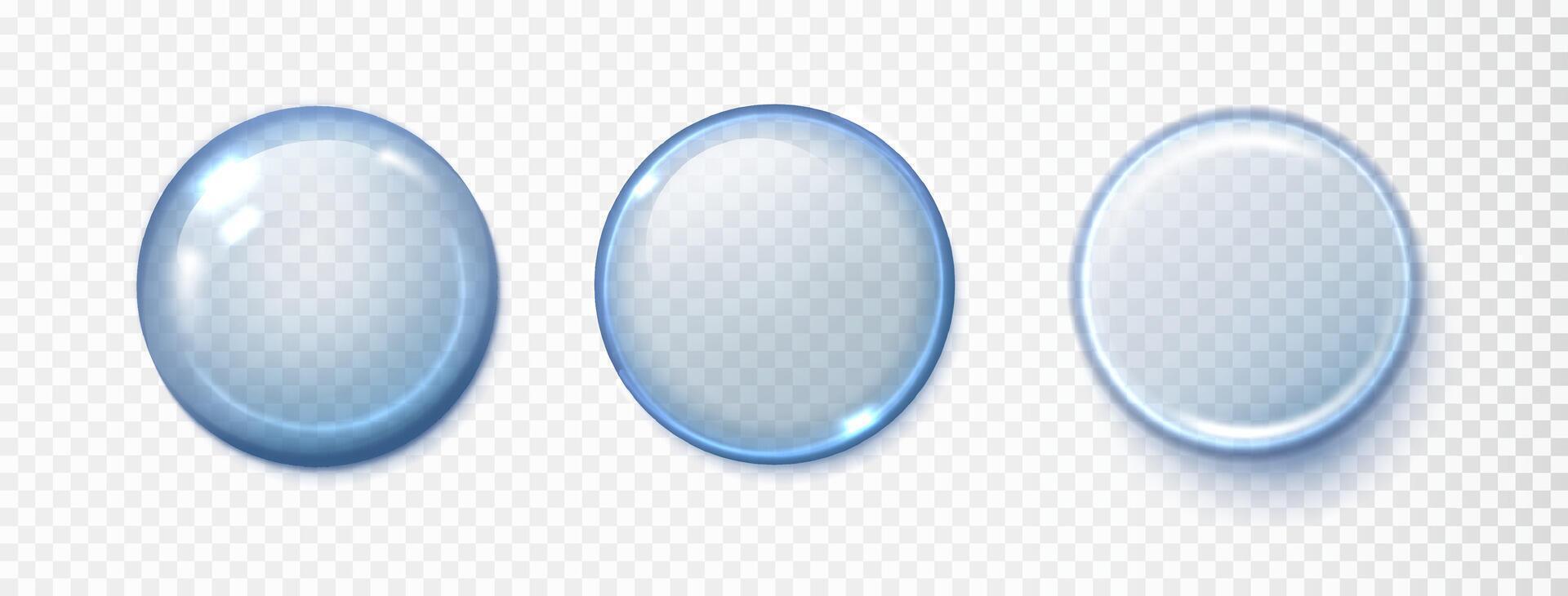 Blue serum drops set isolated on background. realistic serum droplet of drug or collagen essence translucent. Transparent round displays plate vector