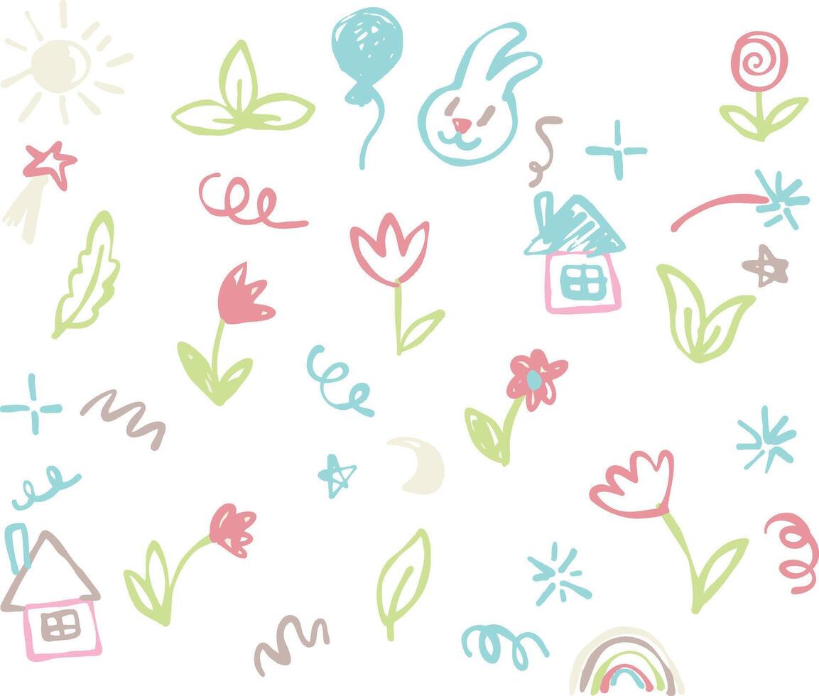 Cute kid doodle. Childish marker element collection. Scribble stroke pastel graphic. Crayon or paint sketch vector