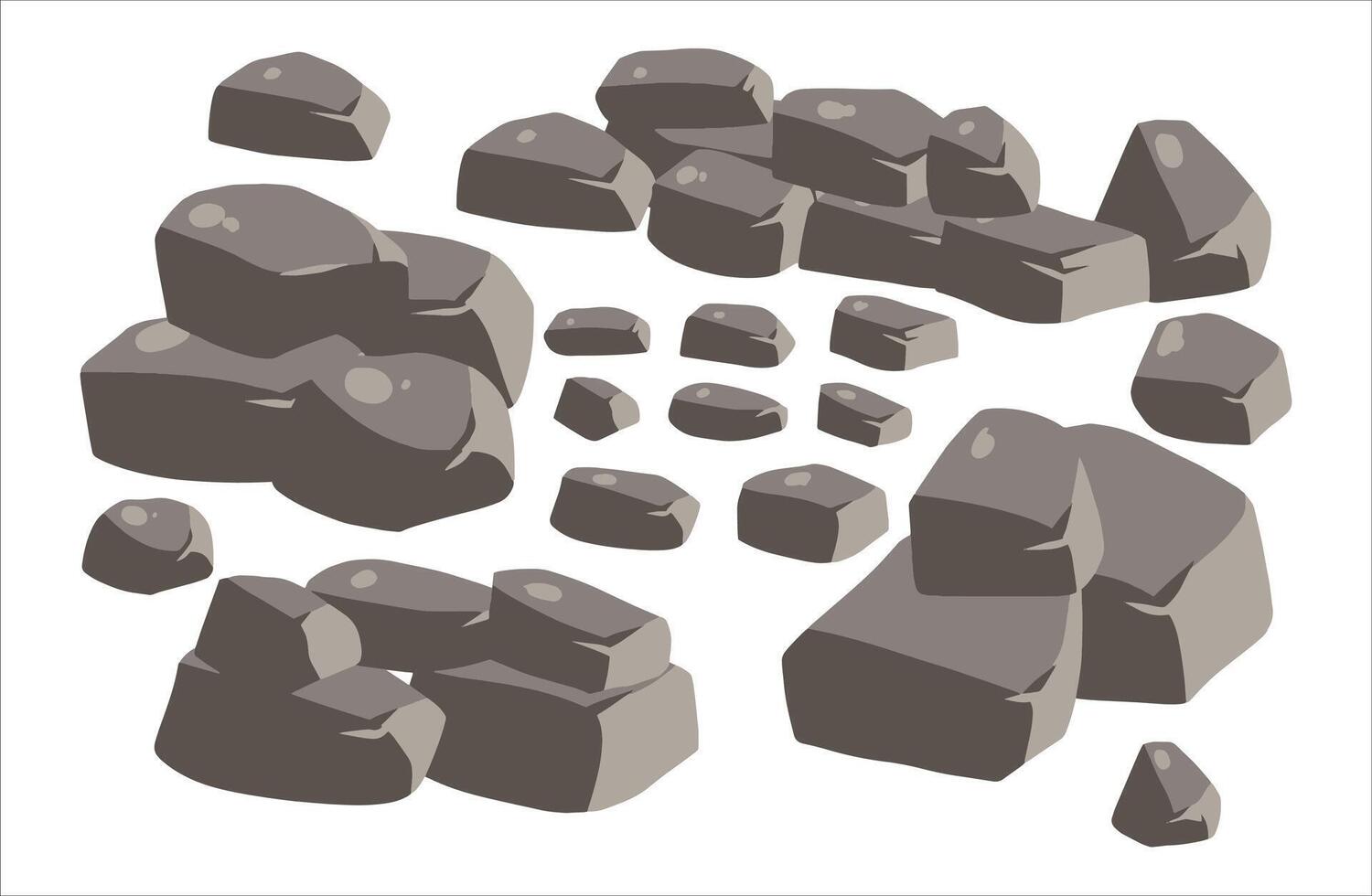 Stone boulder. Granite debris and grey cobble. Pile of rubble rock block. Natural solid cracked mineral. Big mountain geology material. Heap of broken gravel vector