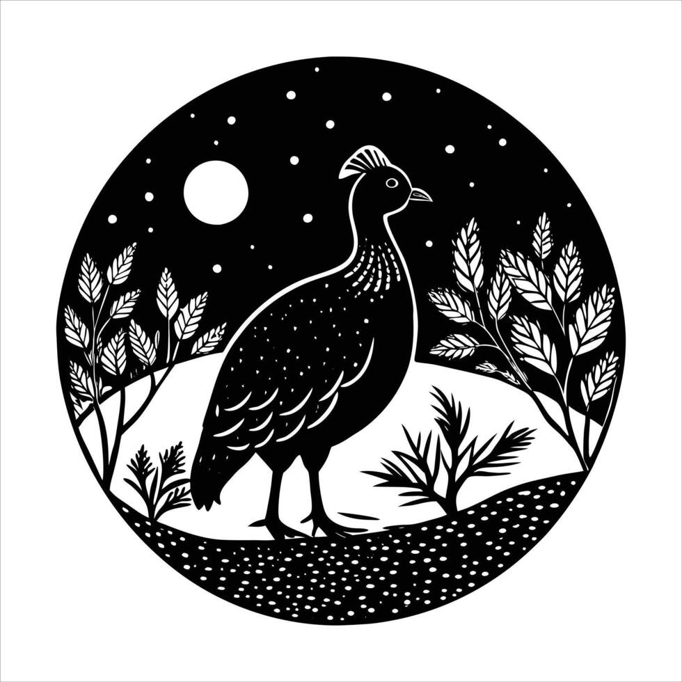 Line Engraving art Winter a peacock vector