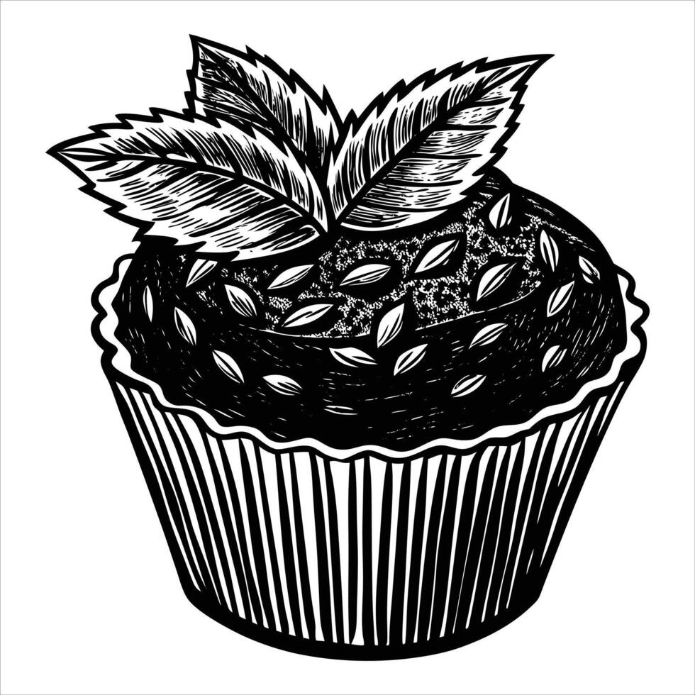 Cupcake with berries in engraving style. vector