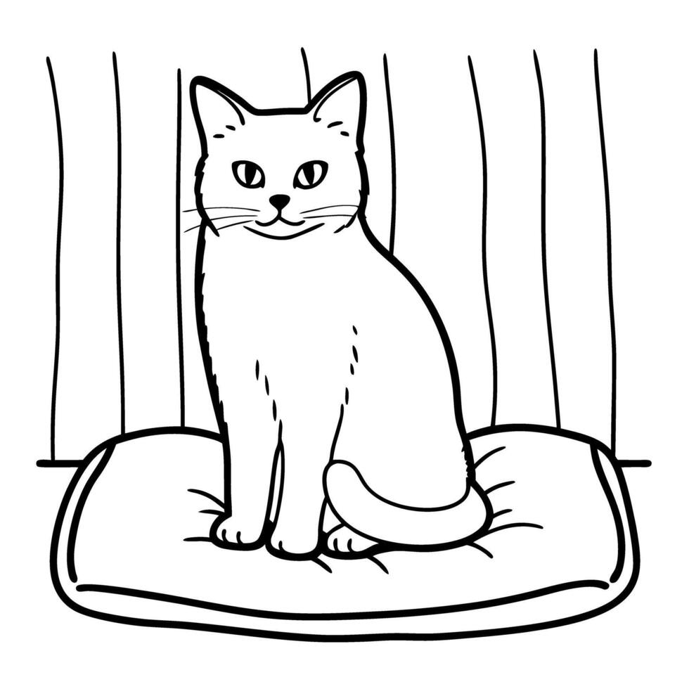 Calm cat sitting on cushion in front of window curtain line art illustration, simple black and white drawing vector