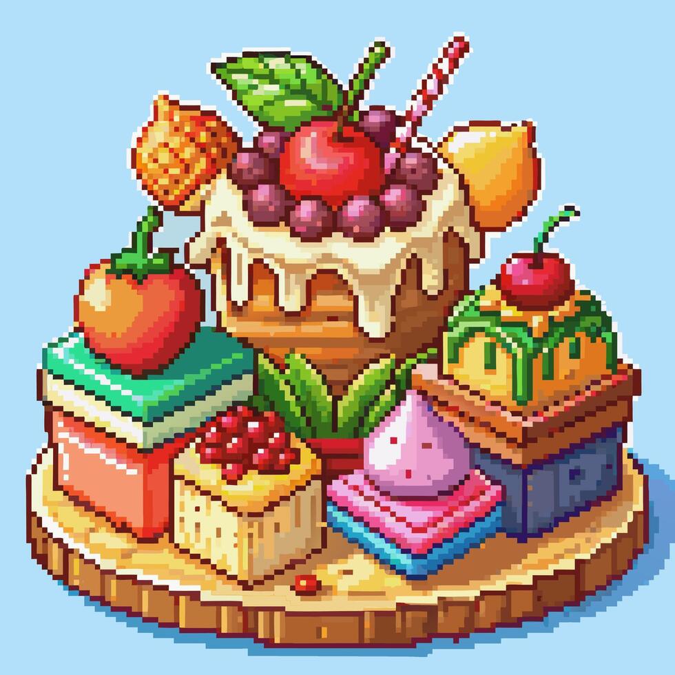 Pixel Art Desserts with Fruits and Cakes on a Wooden Platter vector