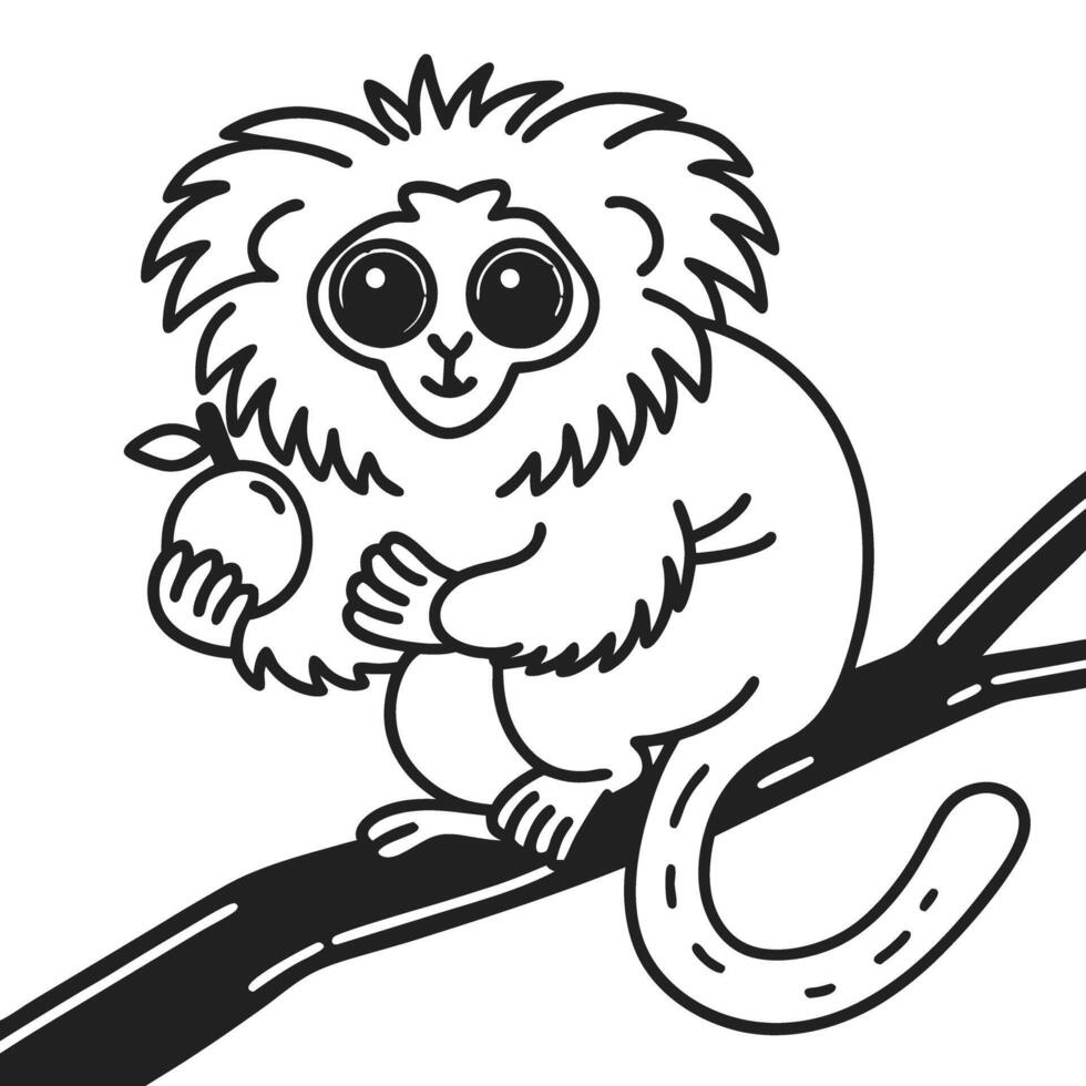 illustration of a tamarin monkey on a branch holding a fruit black and white line art, cute wildlife drawing vector