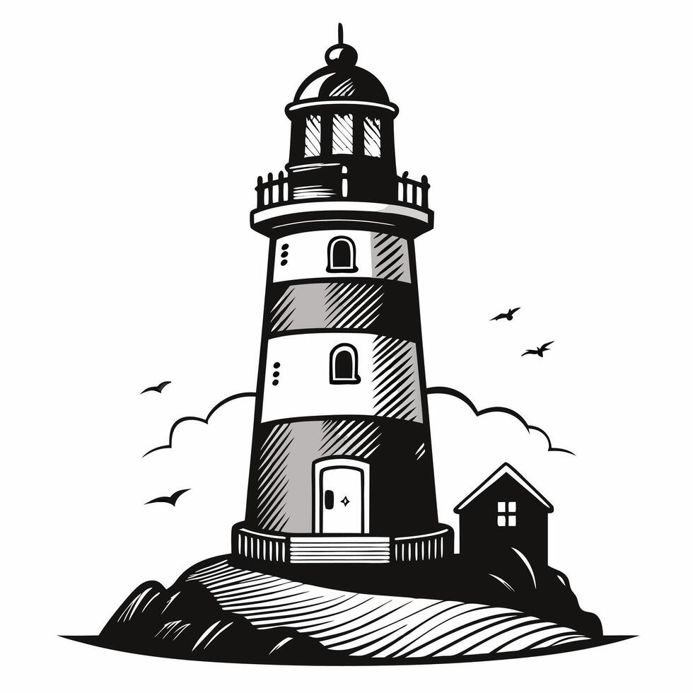 Vintage Lighthouse Illustration with Nautical Elements and Seagulls vector