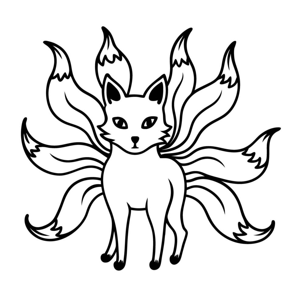 Kitsune with nine tails illustration mystical japanese fox spirit line art vector