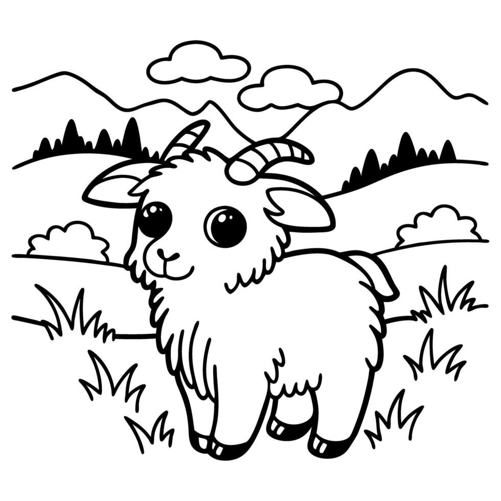 Cute goat in mountain landscape, line art for kids' coloring vector